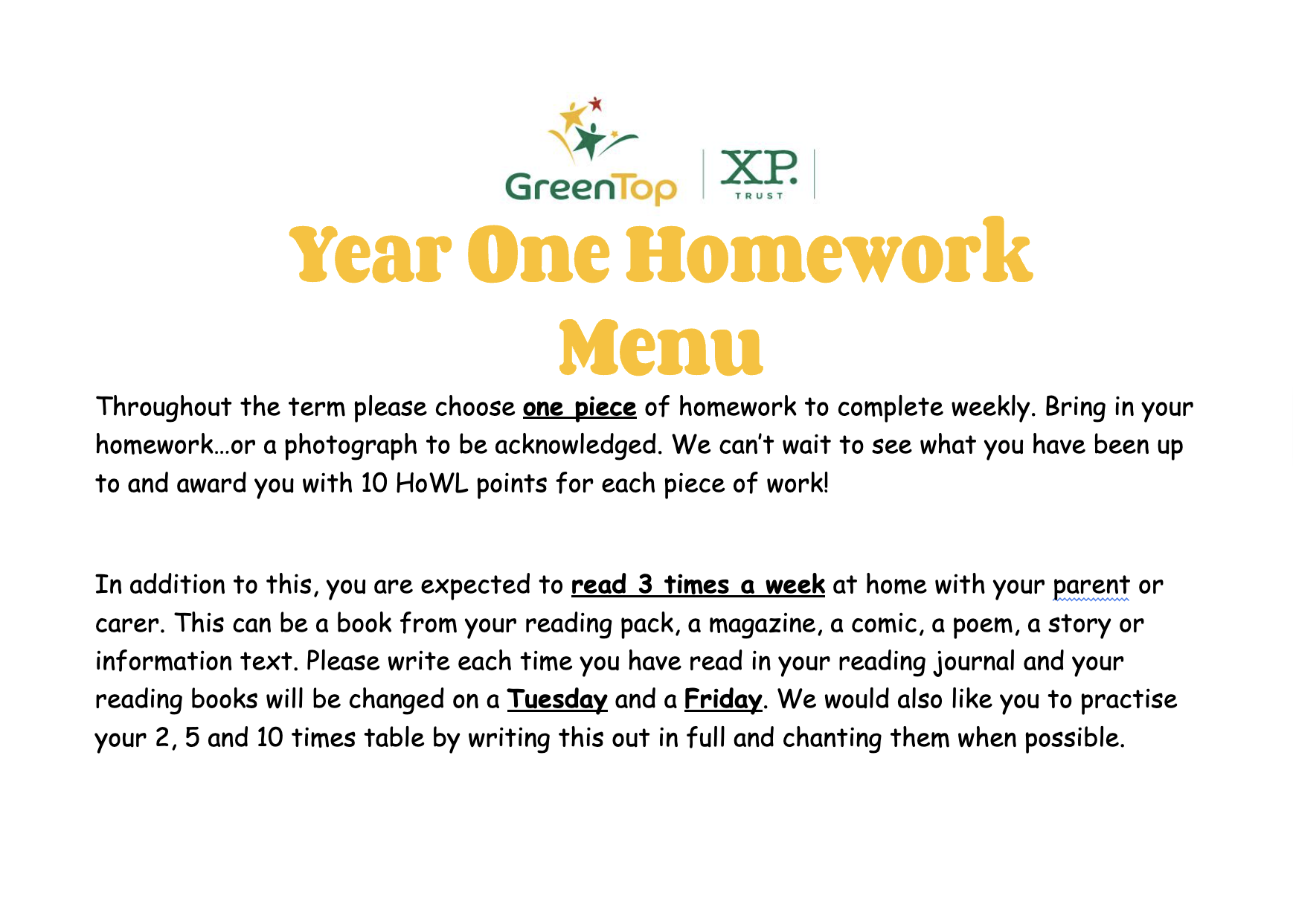 year 1 homework menu