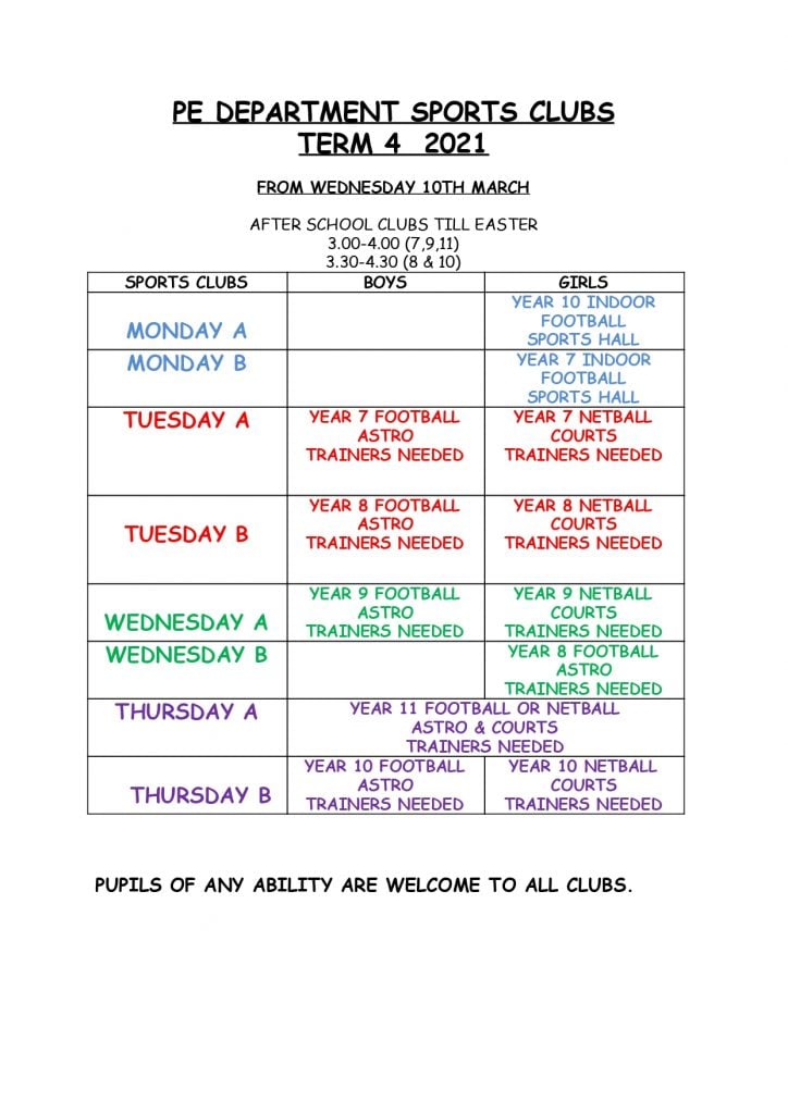 Sports Fixtures Calendar Langtree School