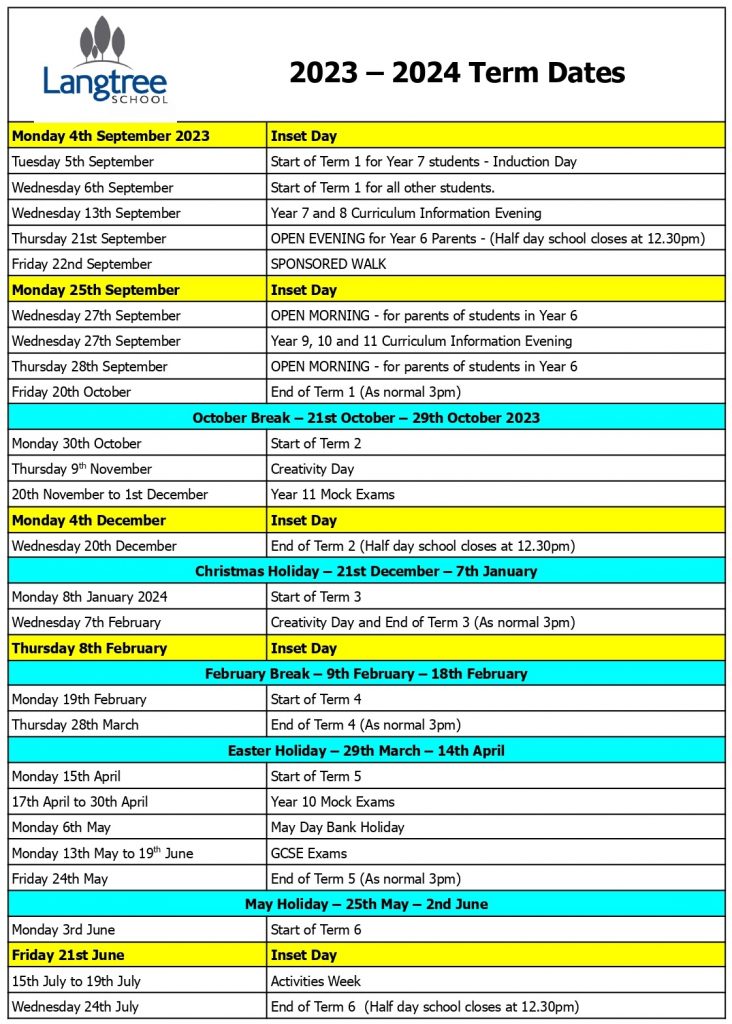 Parents Calendar Langtree School