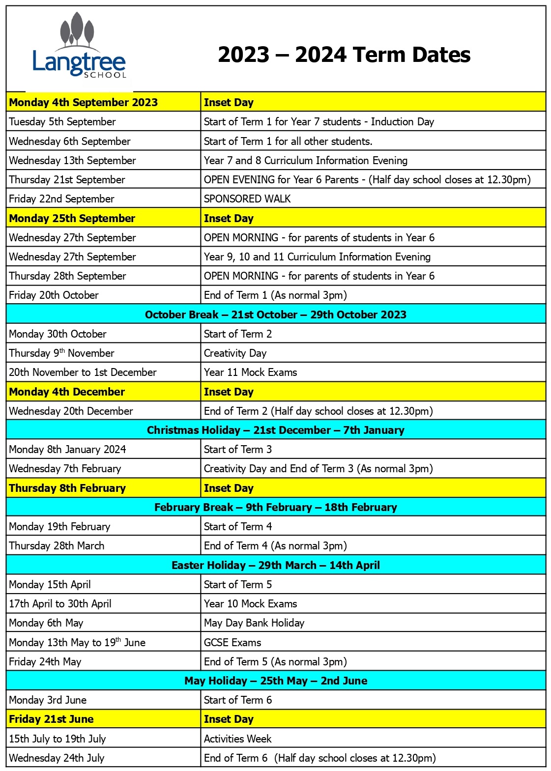 Parents Calendar | Langtree School