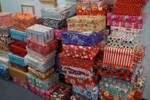 Just a few of the shoeboxes donated for Operation Christmas Child. 