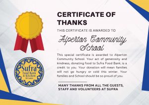 Image of the certificate from Sufra Food Bank