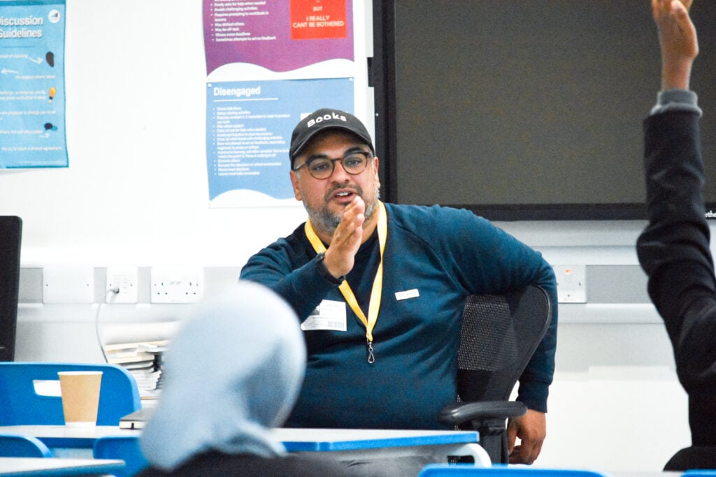 Author Nikesh Shukla delivering talk to Year 9 students