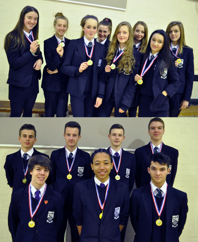 Winning girls and boys teams pose with their medals.