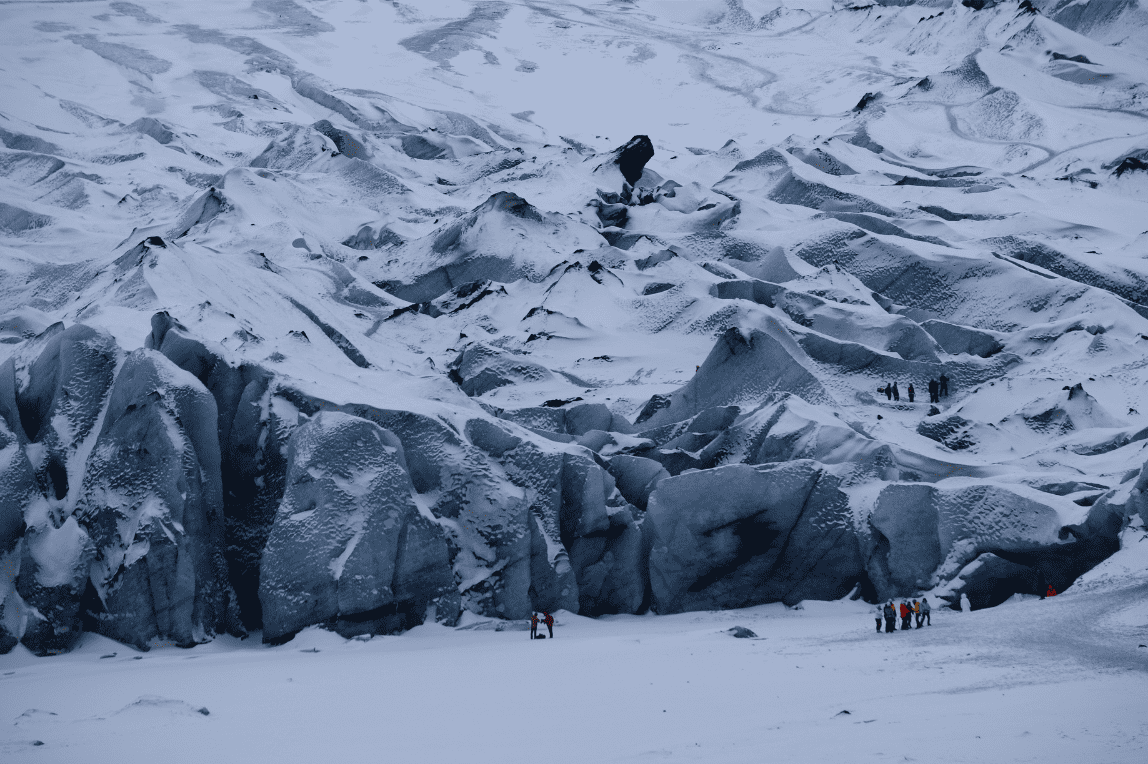 Students from Cheadle Hulme High School walk in front of Sólheimajökull in Iceland