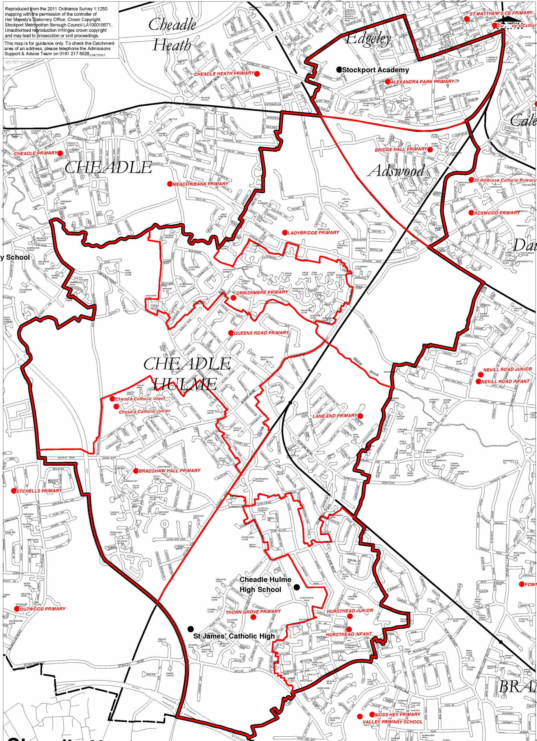 A map of the catchment area for Cheadle Hulme High School. The thick red line denotes the current catchment area.