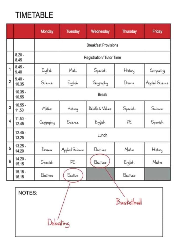 An example timetable for Didsbury High School