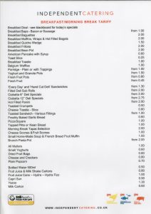 Independent Catering Breakfast Price List