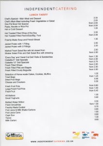 Independent Catering Lunch Price List