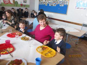 Thank you for coming to share lunch with us today. The children really enjoyed having you here with them. Thank you to the lunchtime staff for providing a lovely meal and serving our meals.