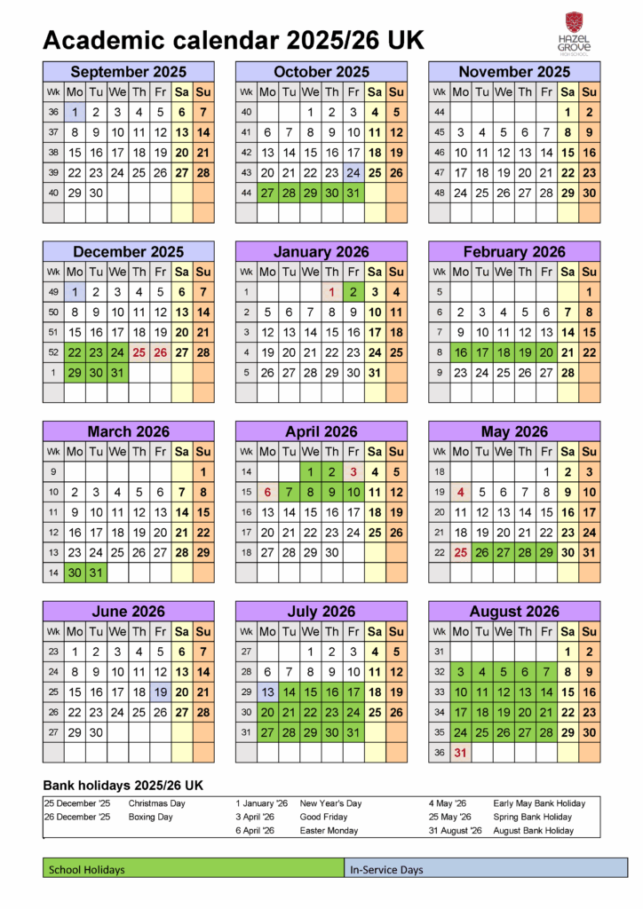 A calendar of term dates at Hazel Grove High School for the academic year 2025-26.
