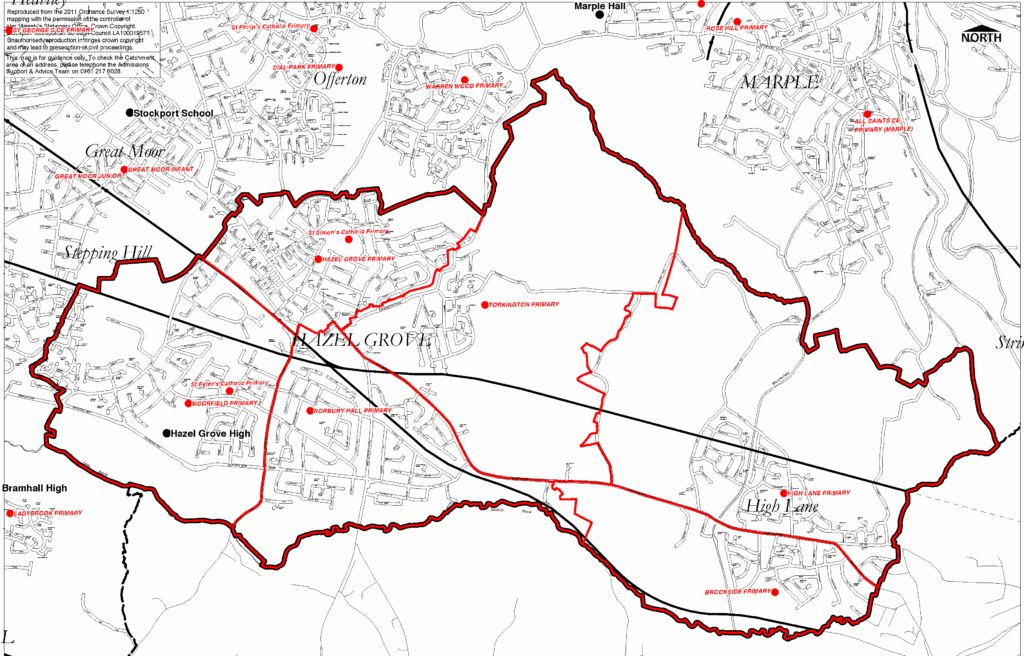 A map of the catchment area for Hazel Grove High School - a thick red line outlines the catchment area.