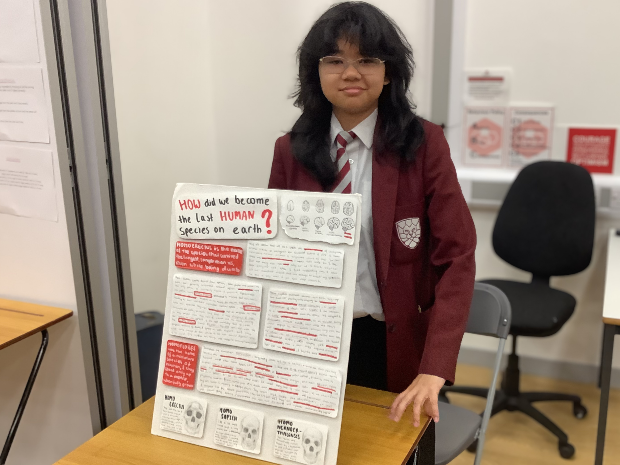 A Hazel Grove High School student presents their Science Fair project titled: How did we become the last human species on earth?