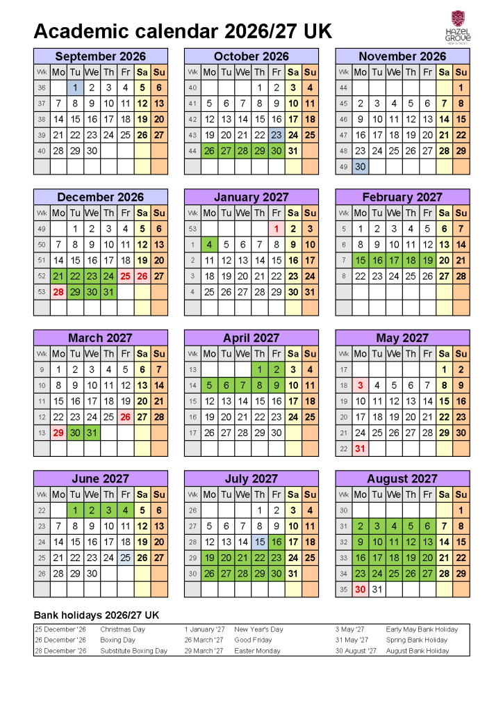 A calendar of term dates at Hazel Grove High School for the academic year 2026-27.