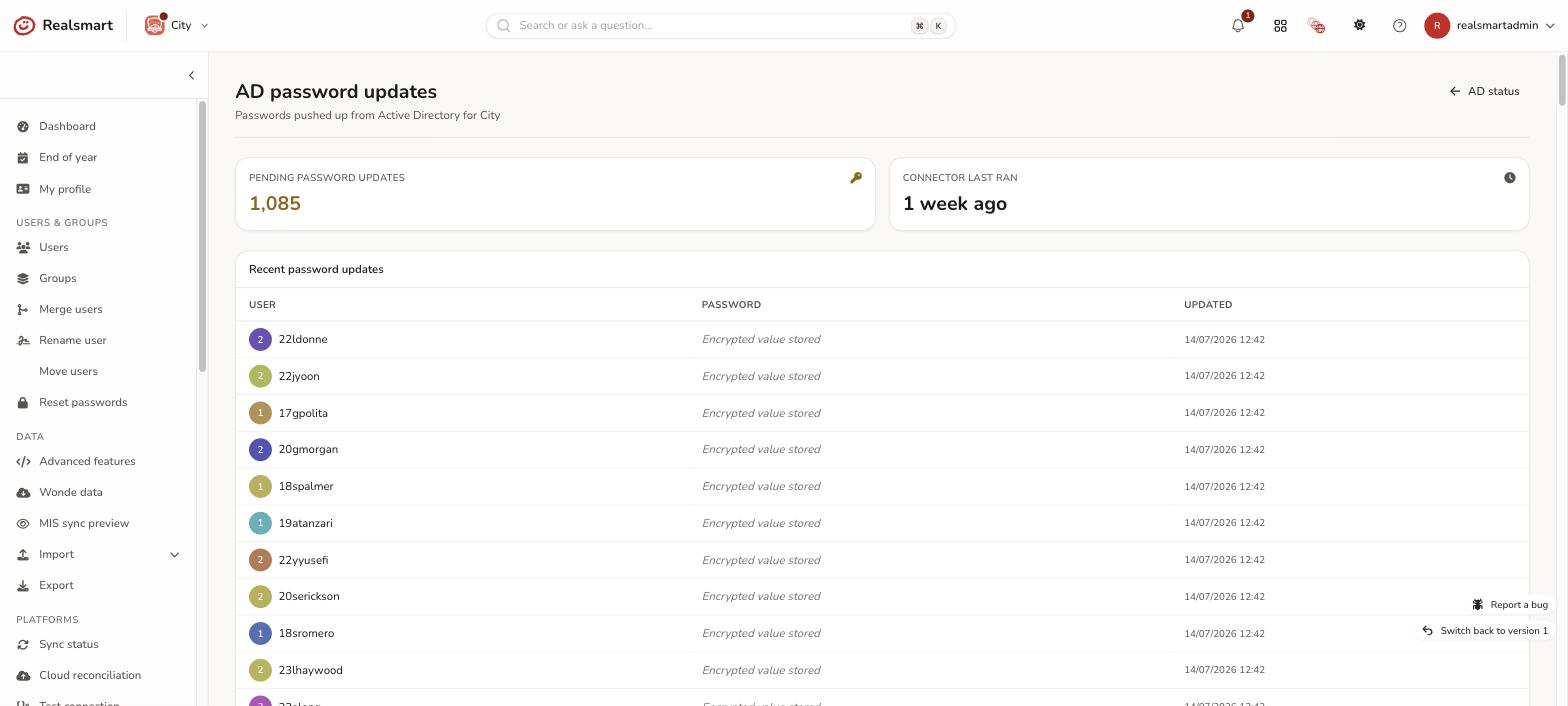 Password updates log table showing passwords received from Active Directory with a pending count