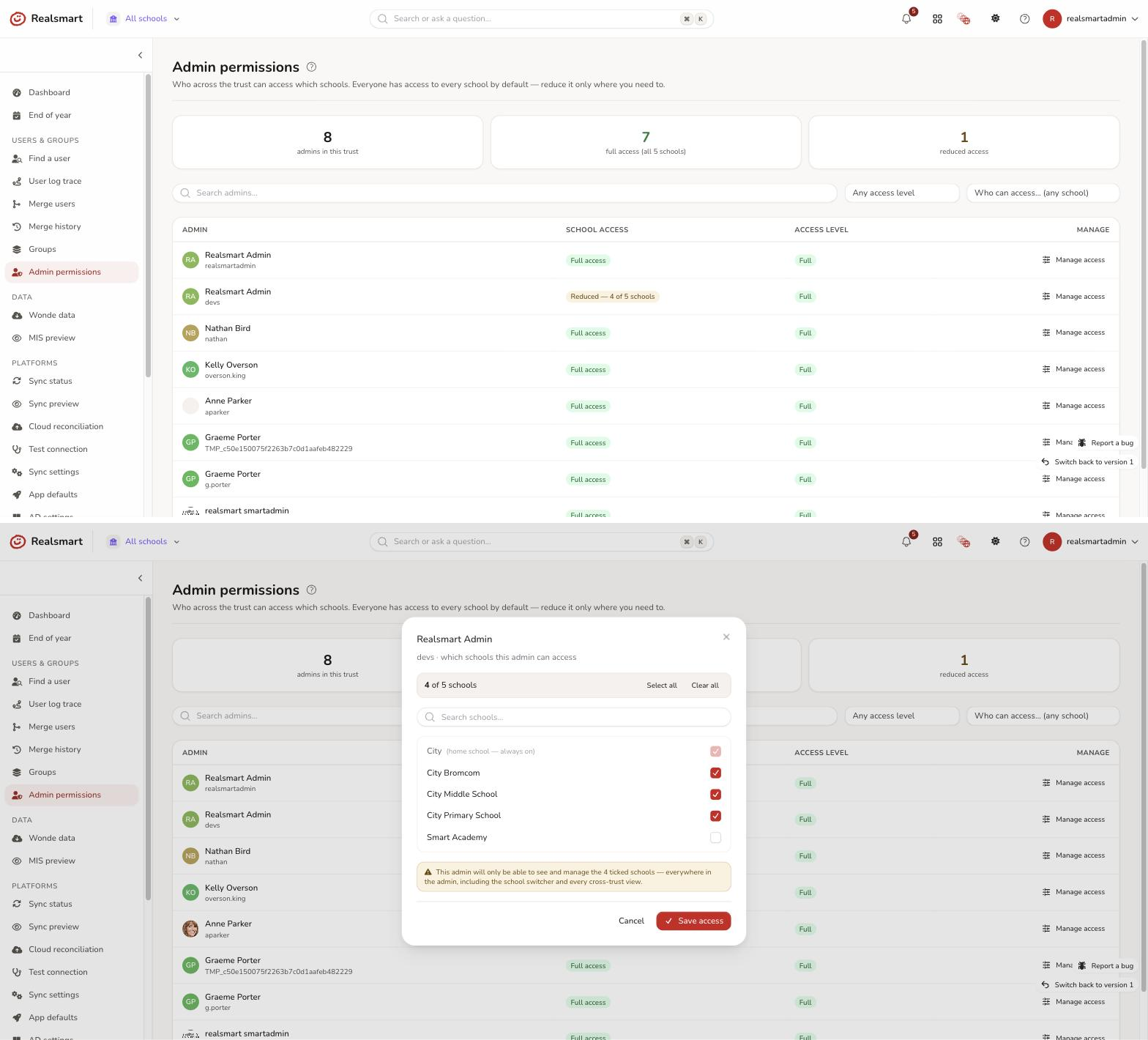 Admin permissions list showing Full and Reduced access chips and the manage access editor open with a searchable school list