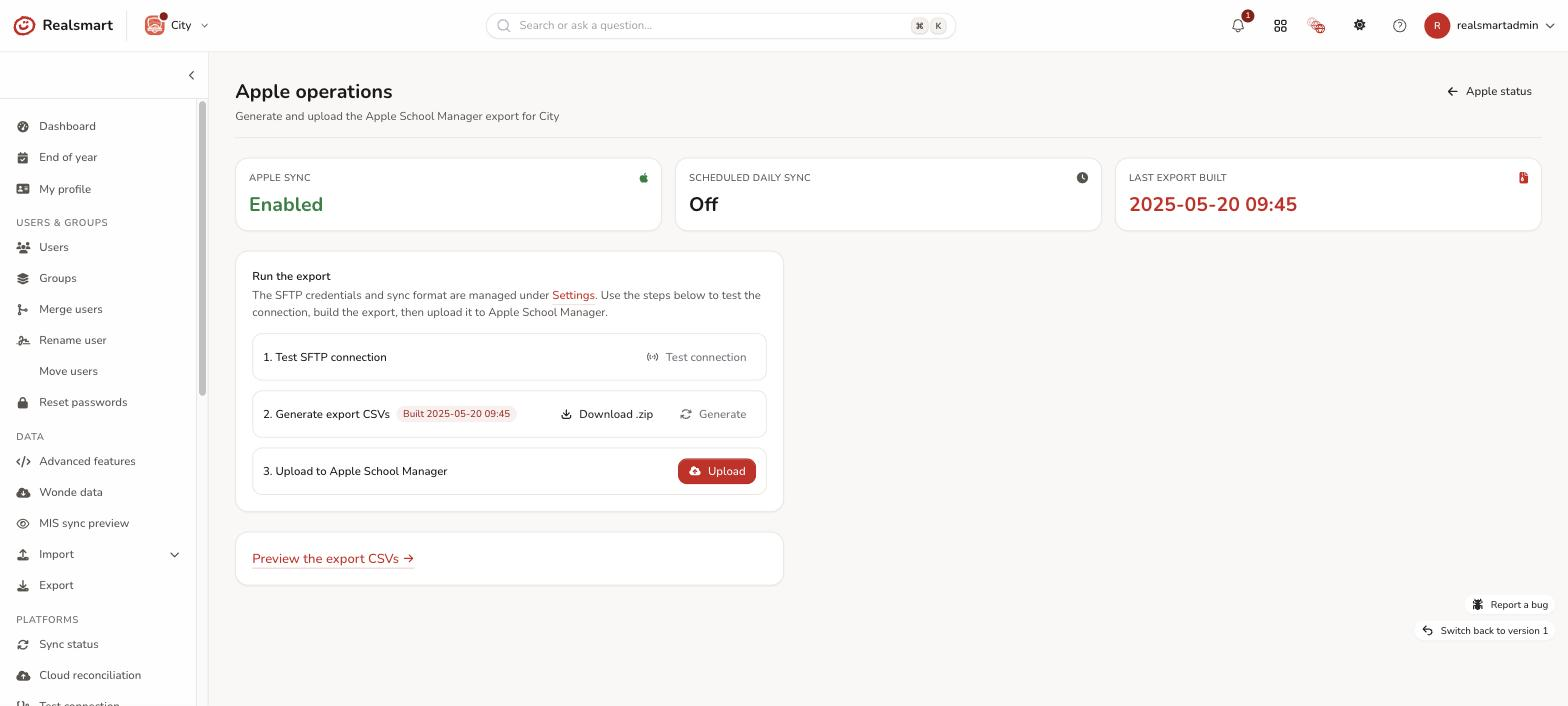 Apple operations panel with Test SFTP connection, Generate export CSVs and Upload to Apple School Manager buttons plus export zip status