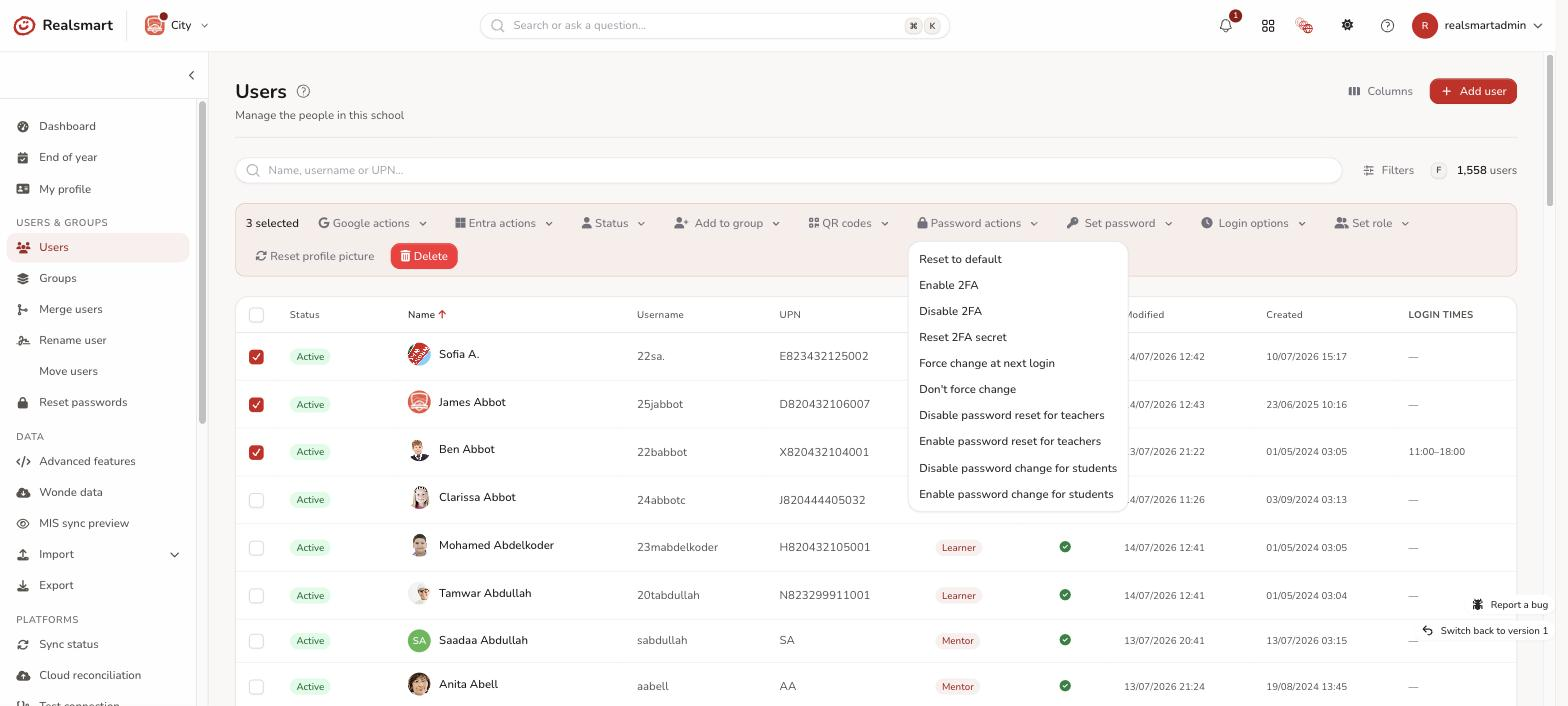 Users list bulk action bar with the Password actions submenu open