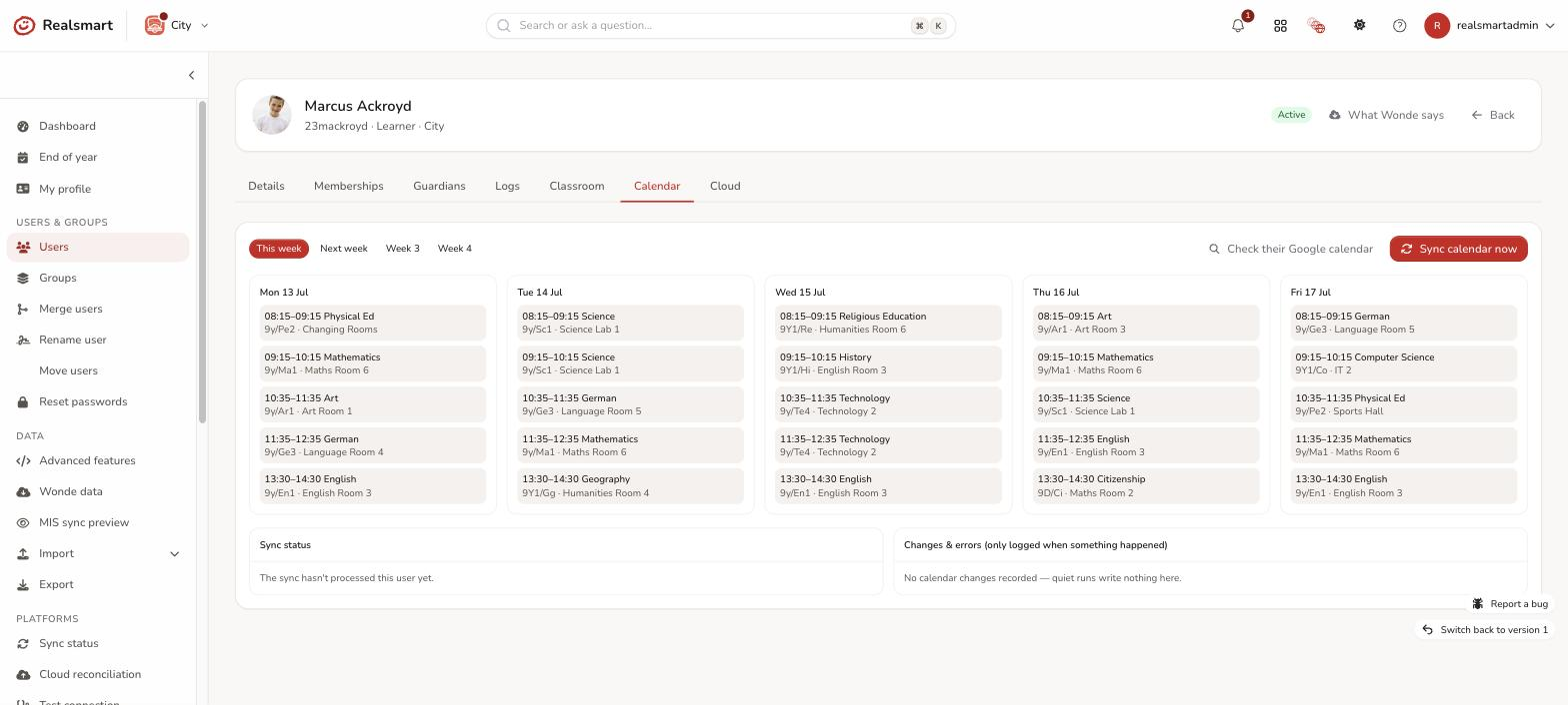 A user's Calendar tab showing expected lessons, the sync change log and a live Google read with Sync calendar now