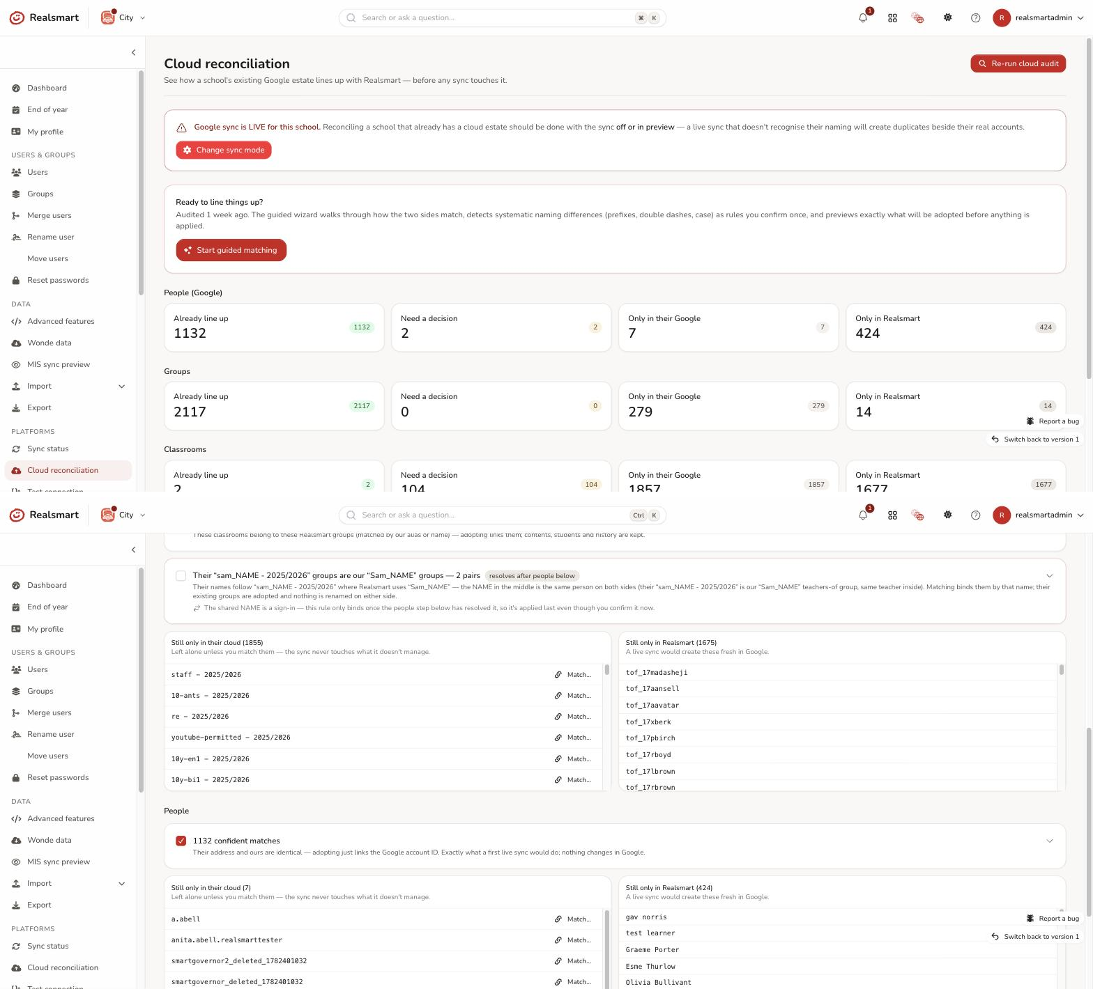 Cloud reconciliation showing the People, Groups and Classrooms piles and a detected matching rule proposal