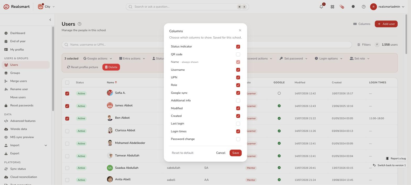 Columns panel open showing all twelve column toggles including Password change