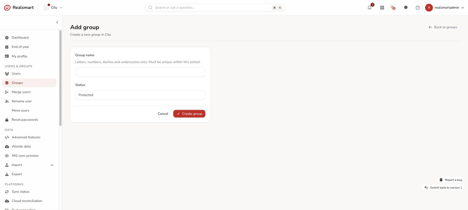Create group form showing the Status field defaulting to Protected
