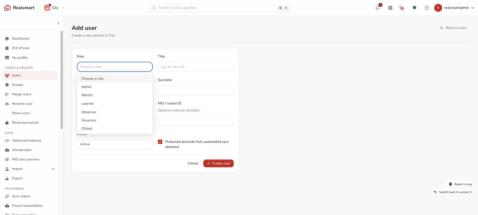 Add user form Role dropdown open showing all six roles: Admin, Mentor, Learner, Observer, Governor and Ofsted
