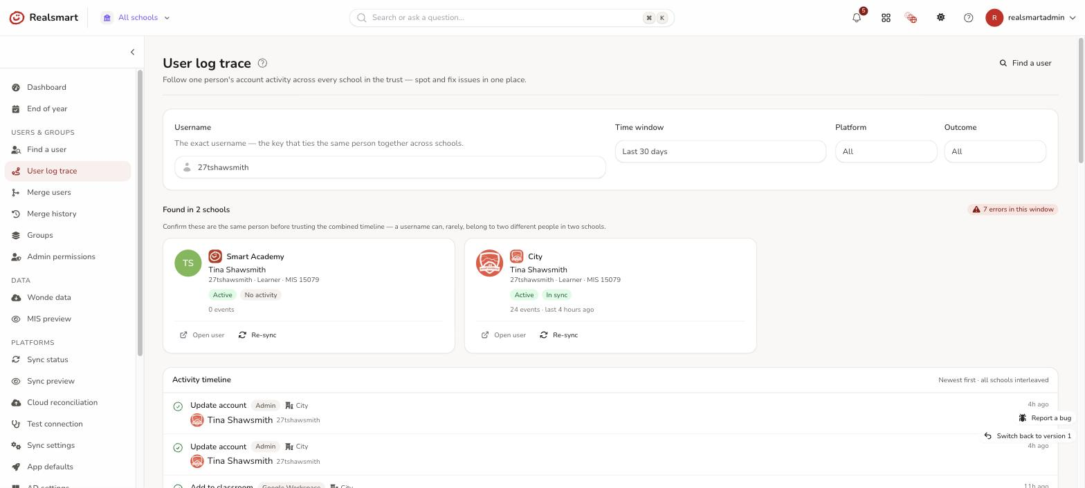 User log trace results showing per school health cards above a combined timeline