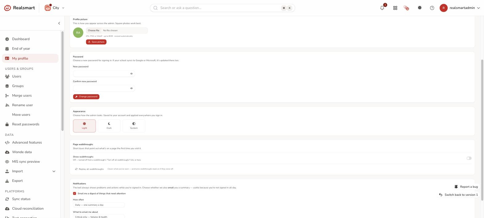 My profile page showing the Profile picture card and the Page walkthroughs card with its replay button