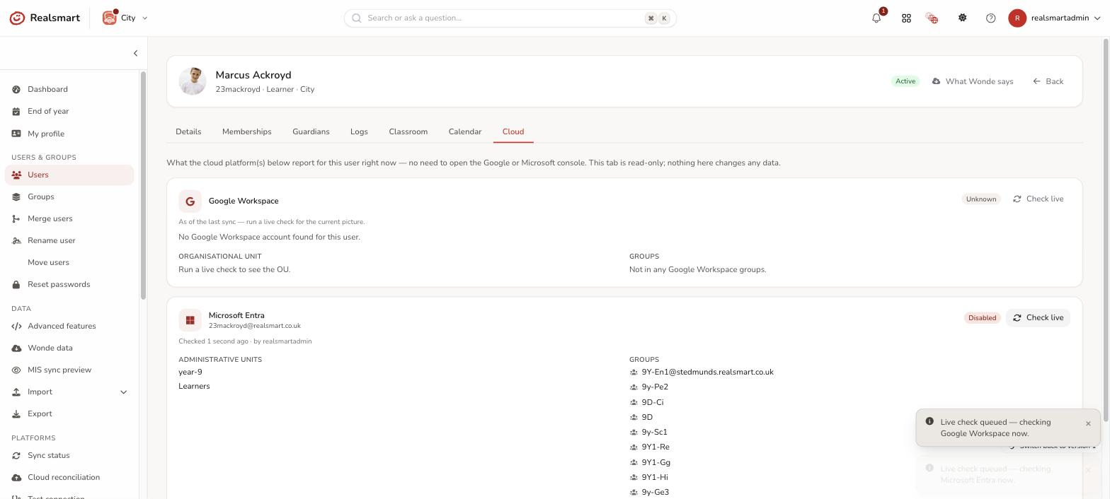 User edit page Cloud tab showing a platform card with last sync data and a completed live check