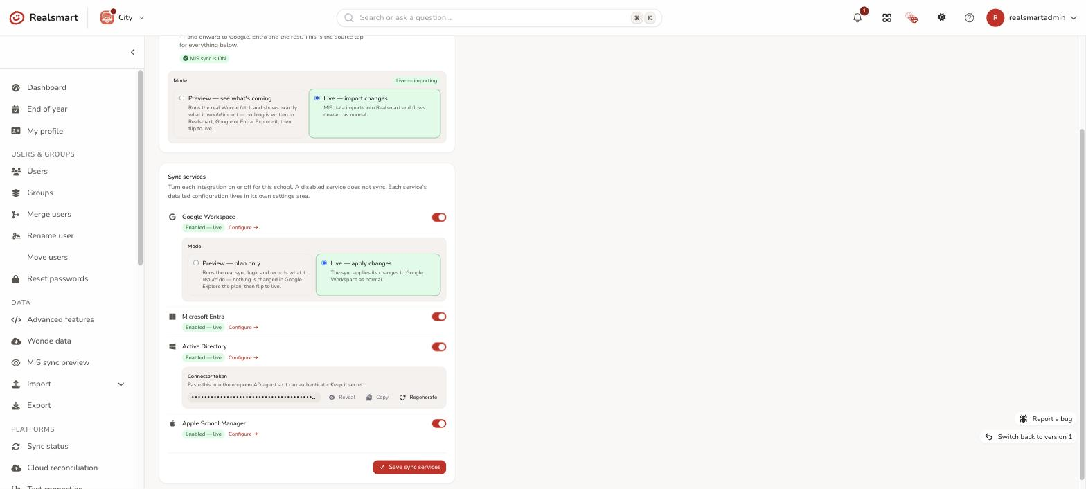 Sync services tab showing the four platform on or off switches with their status pills