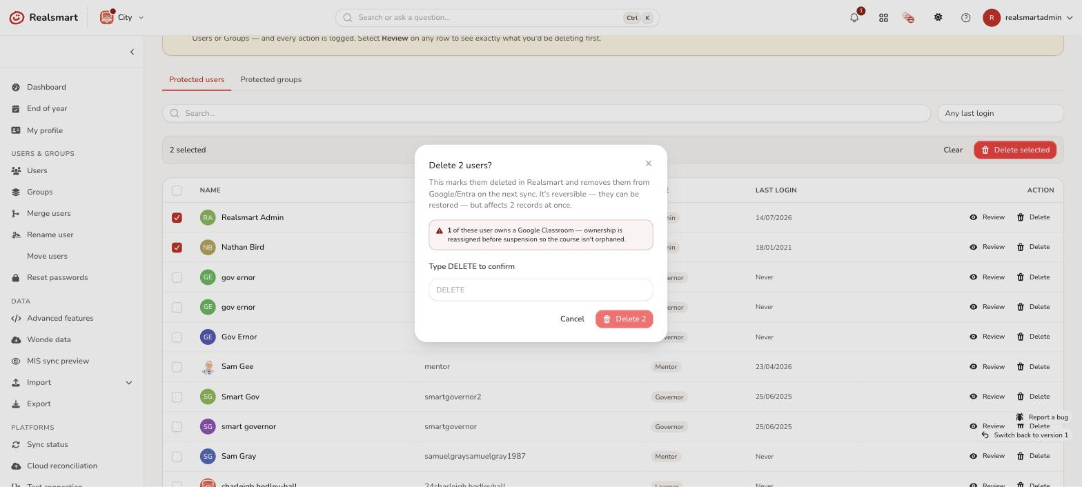 Tidy up bulk delete confirmation modal with a typed DELETE field and a Classroom ownership warning count
