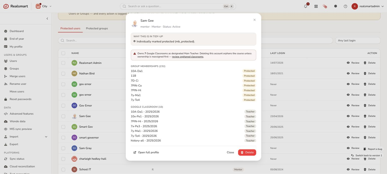 Tidy up review drawer for a protected user showing the Google Classroom owner warning
