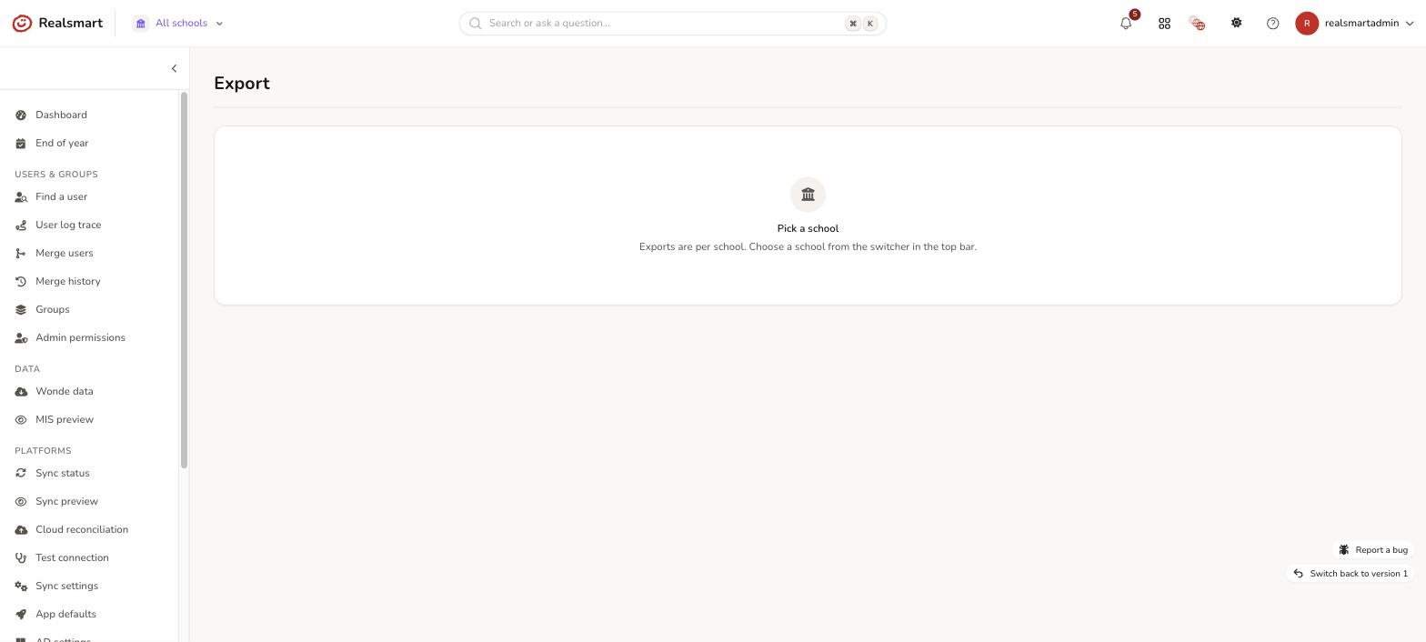 Export page in MAT mode showing the pick a school empty state