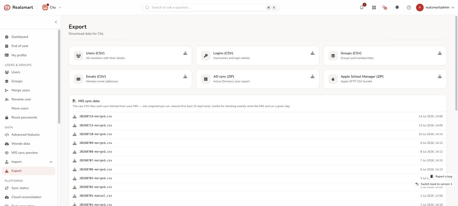 Export page per school view showing the one click download tiles for Users, Logins, Groups and Emails CSV