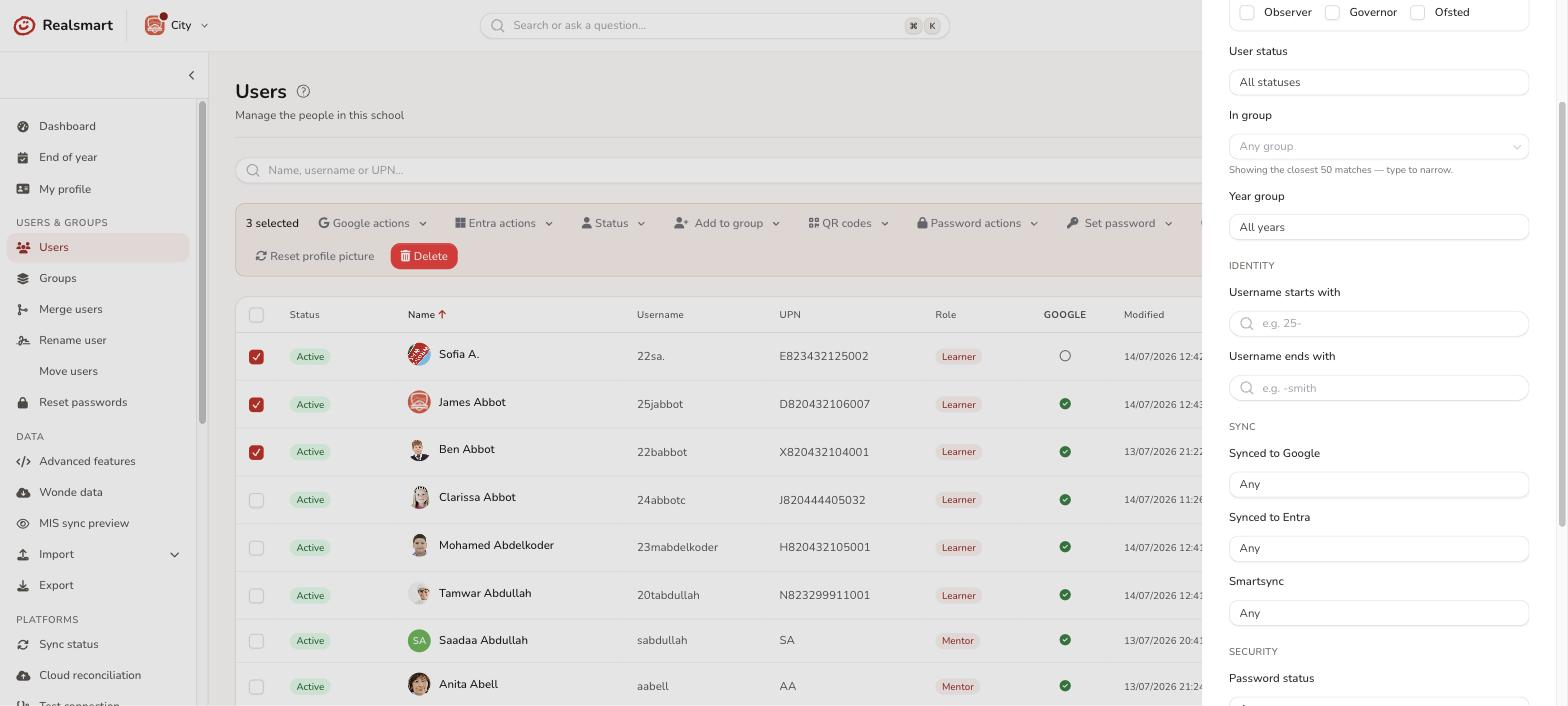 Users filter drawer showing the Identity group with Username starts and ends with fields and Year group