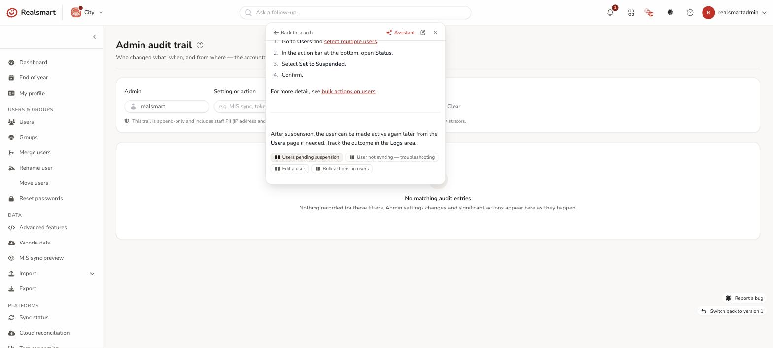 Search palette switched to Ask the assistant mode showing a streamed answer with source chips