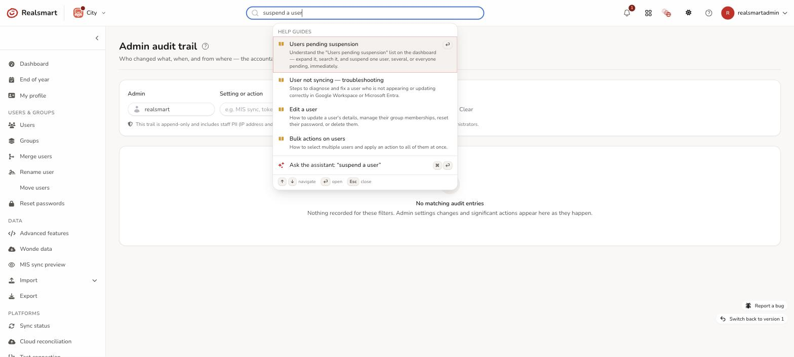 Command palette open with a query showing grouped result sections for actions, pages, users and groups