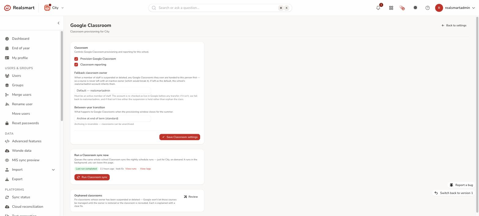 Google Classroom settings showing the end of term transition policy and fallback owner dropdown