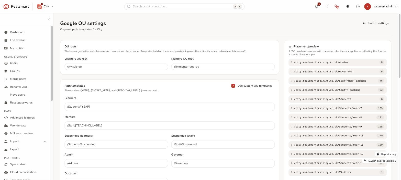 Google OU settings showing path templates with placeholders and the live placement preview