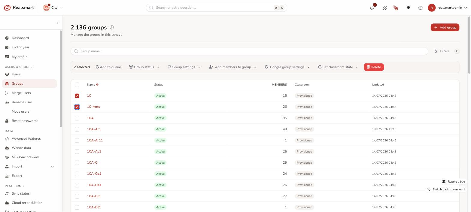 Groups index action bar expanded showing Group status, settings, Add members to group, Google group settings, Classroom state and Delete