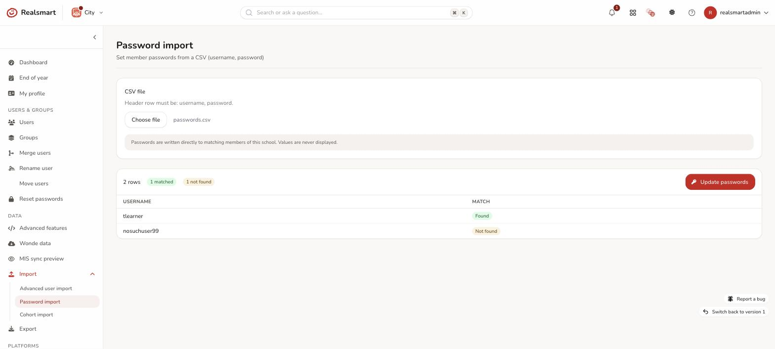 Password import matched and unmatched preview table before confirming