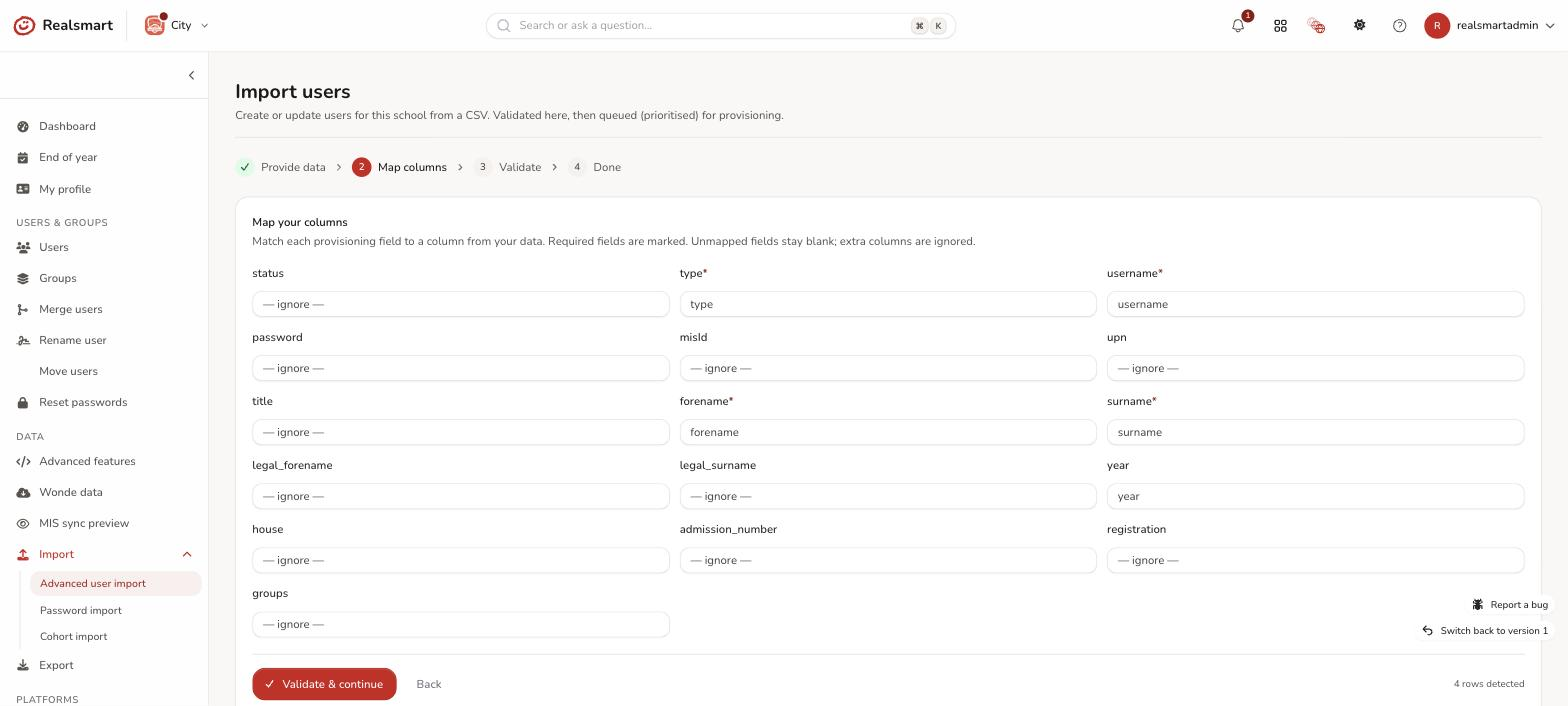 Import wizard Step 2 column mapping screen with auto matched dropdowns