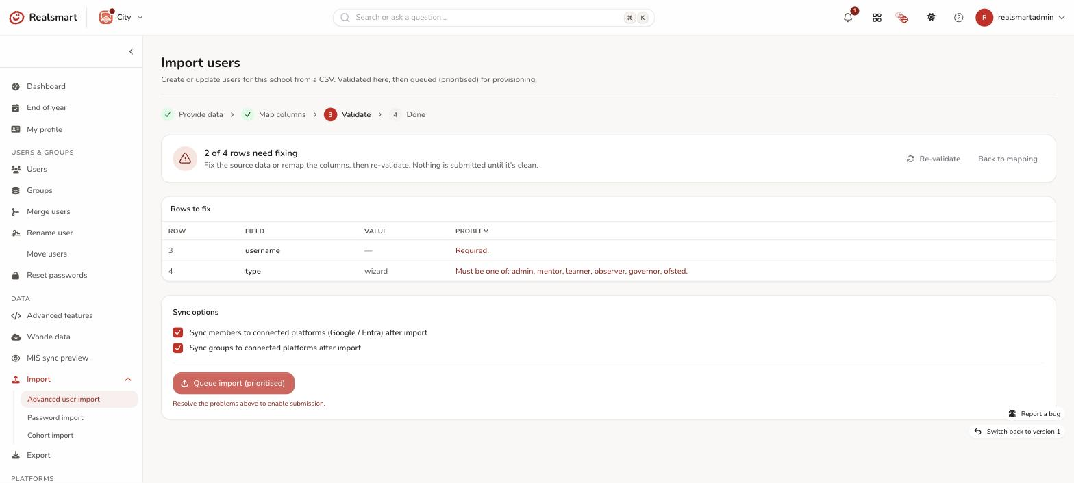 Import wizard Step 3 rows to fix validation screen with error rows highlighted