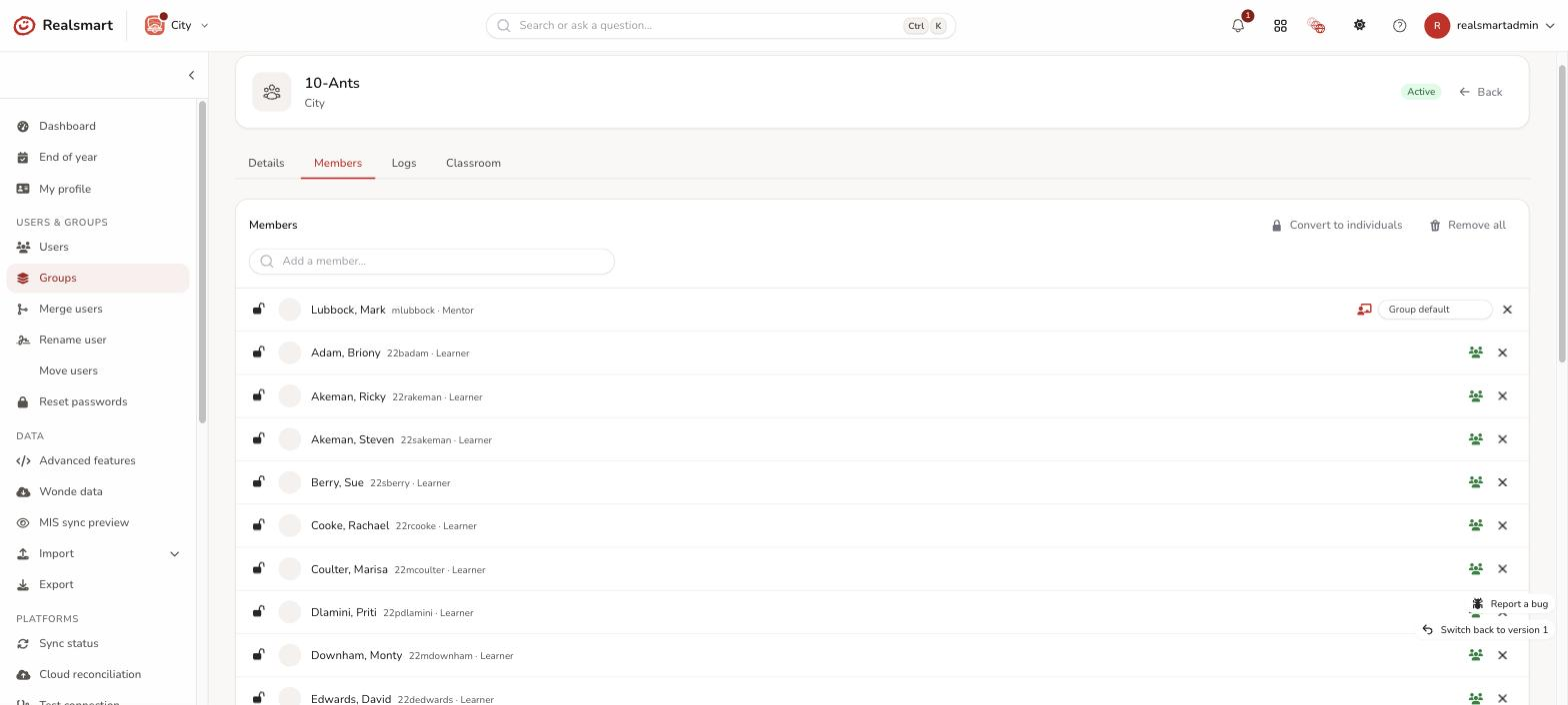 Group members tab showing a row with a padlock icon, Classroom indicator and Google group role dropdown together