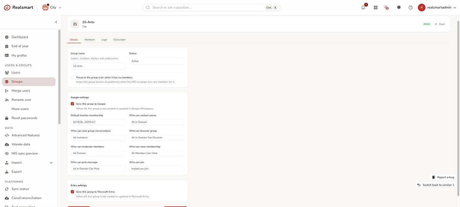 Group details tab showing independent Sync to Google and Sync to Entra toggles
