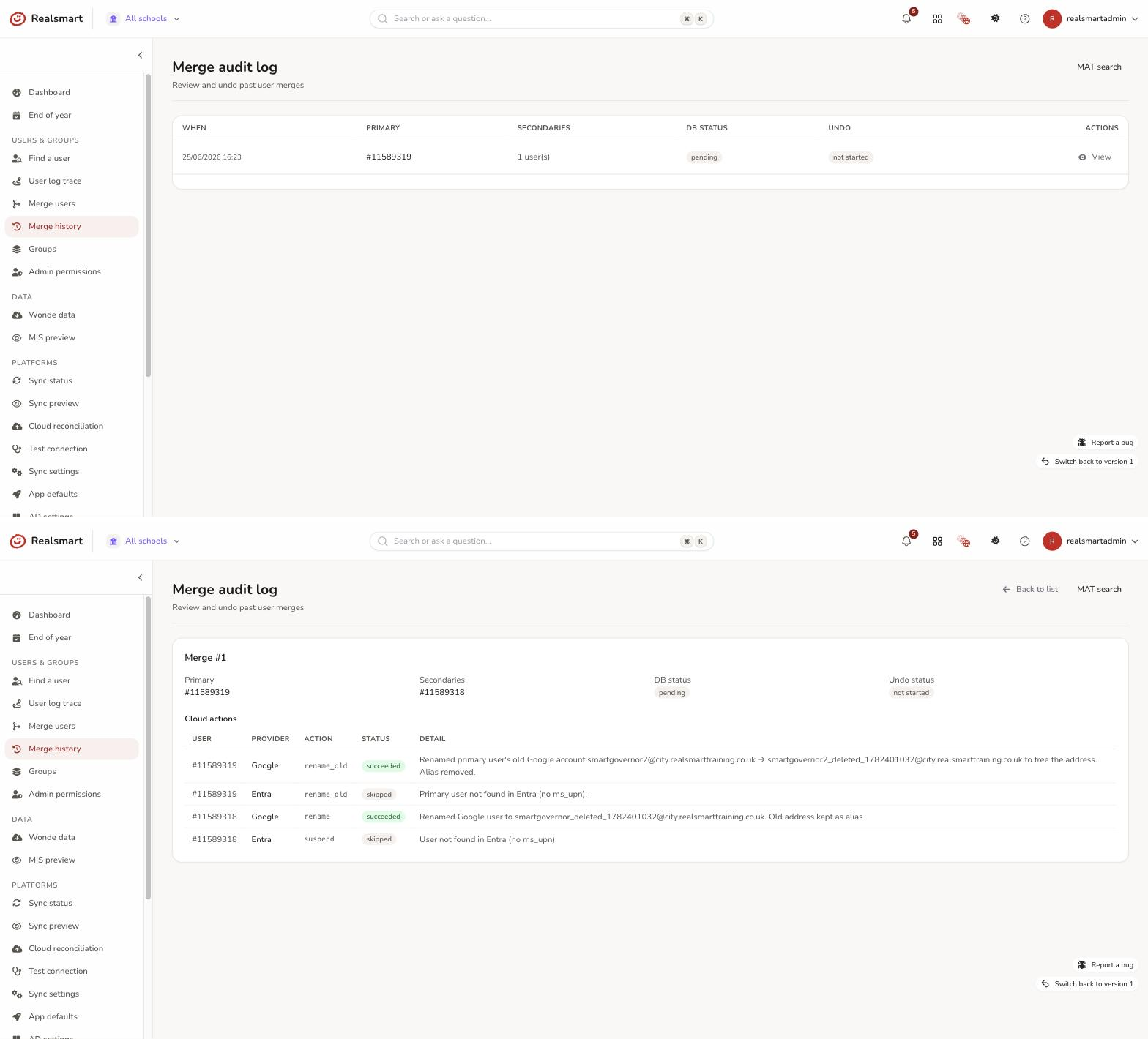 Merge history list view and the undo wizard's per action cloud choice step