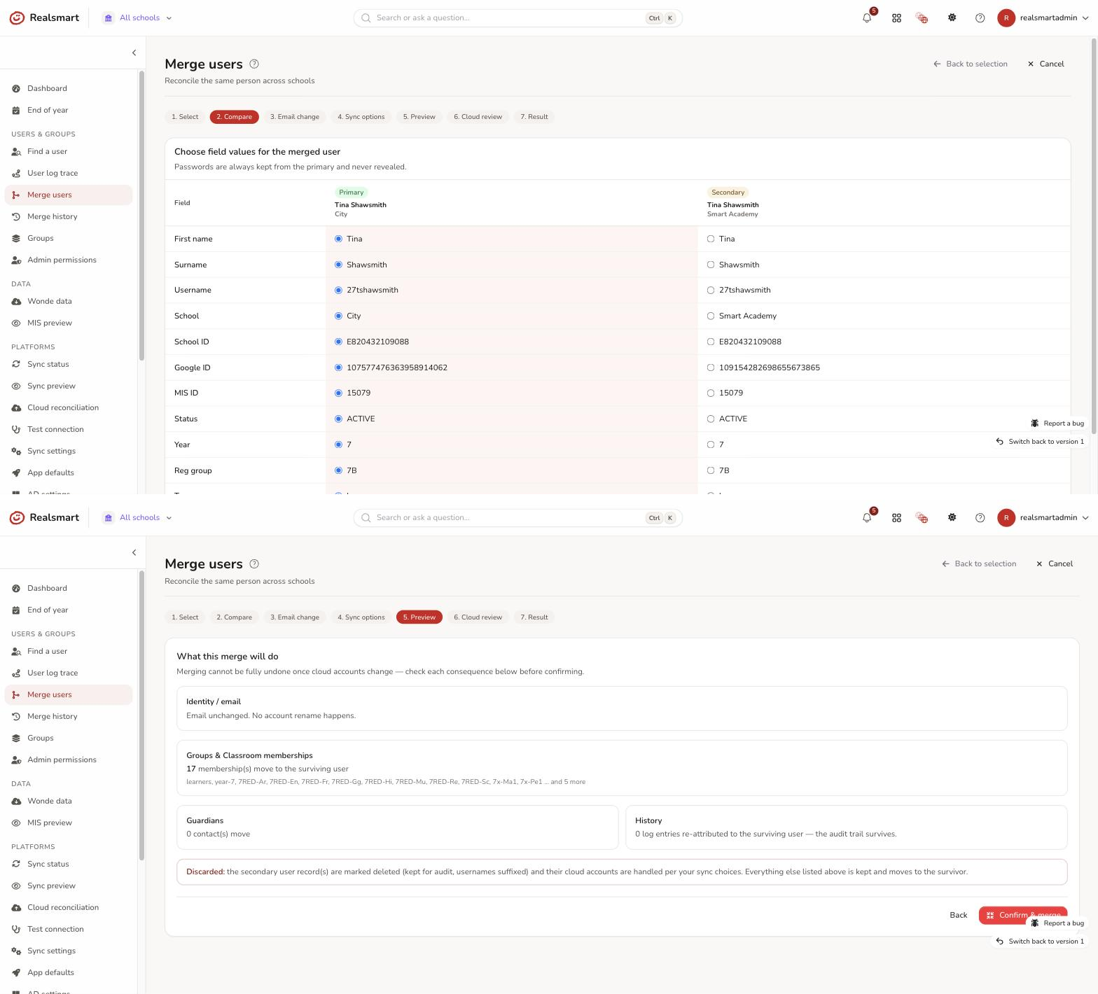 Merge wizard compare fields table and the final preview screen summarising groups, Classroom, guardians and history
