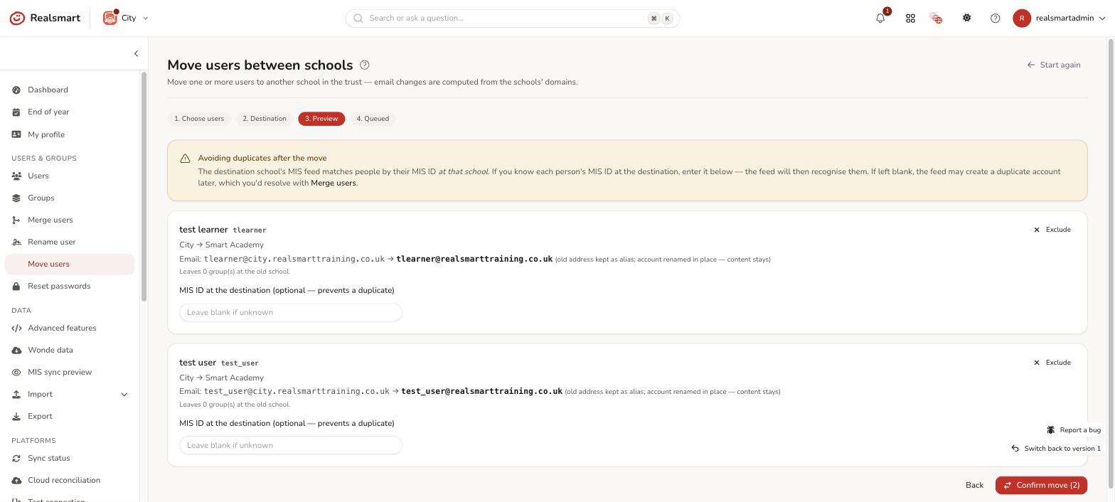 Move users Step 3 preview cards showing a collision flagged user and a cross domain email change card