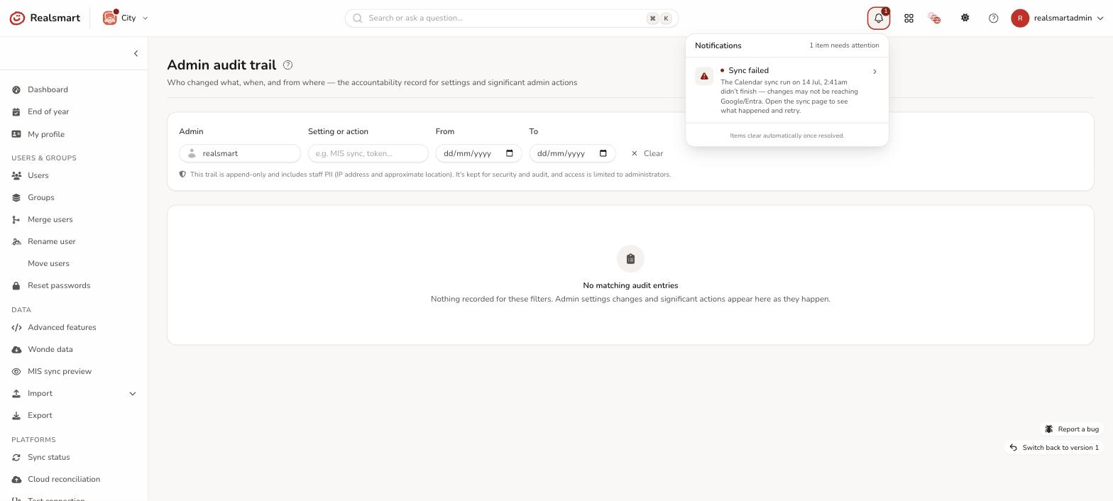 Notifications bell dropdown open showing a red critical item and an amber warning item
